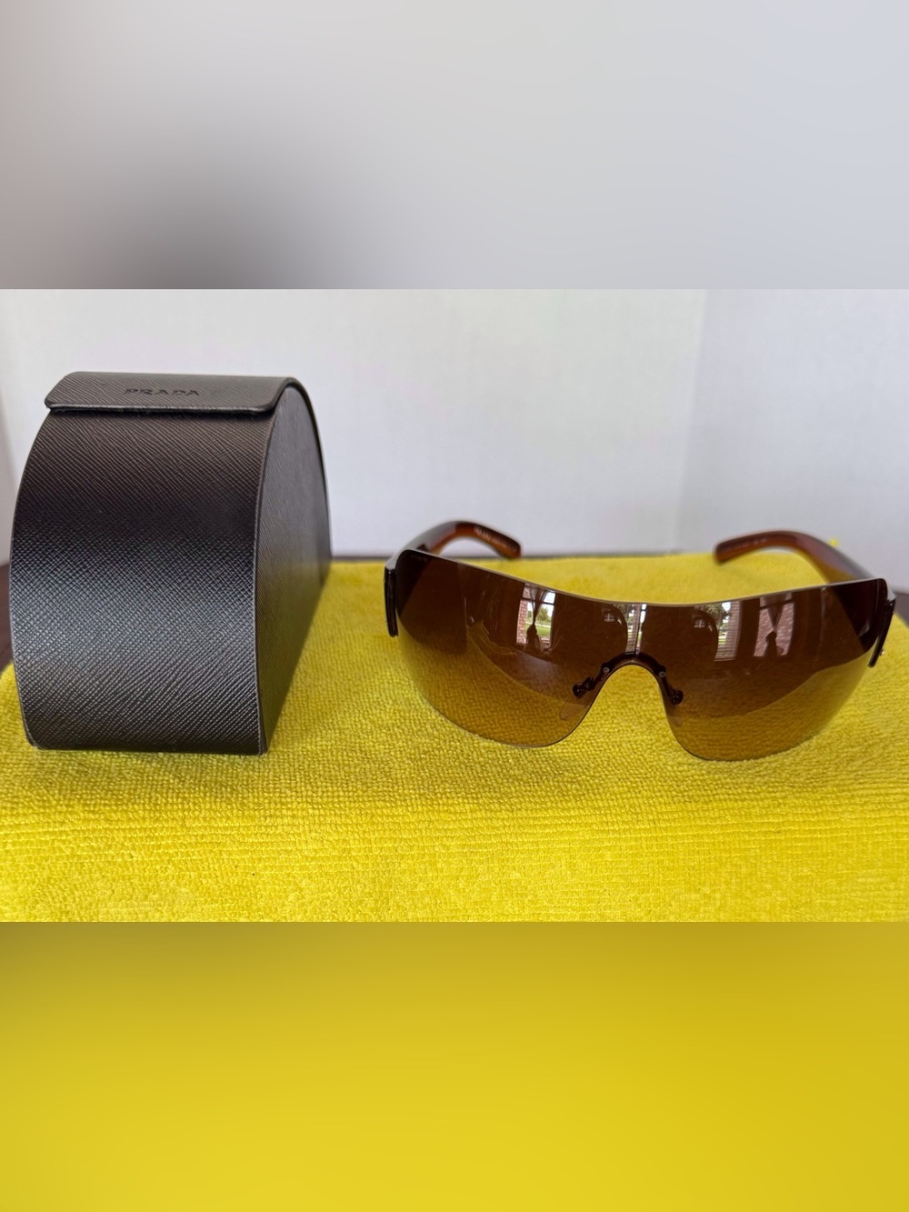 Vintage Prada Brown Rimless Wrap Around Sunglasses with magnetic case